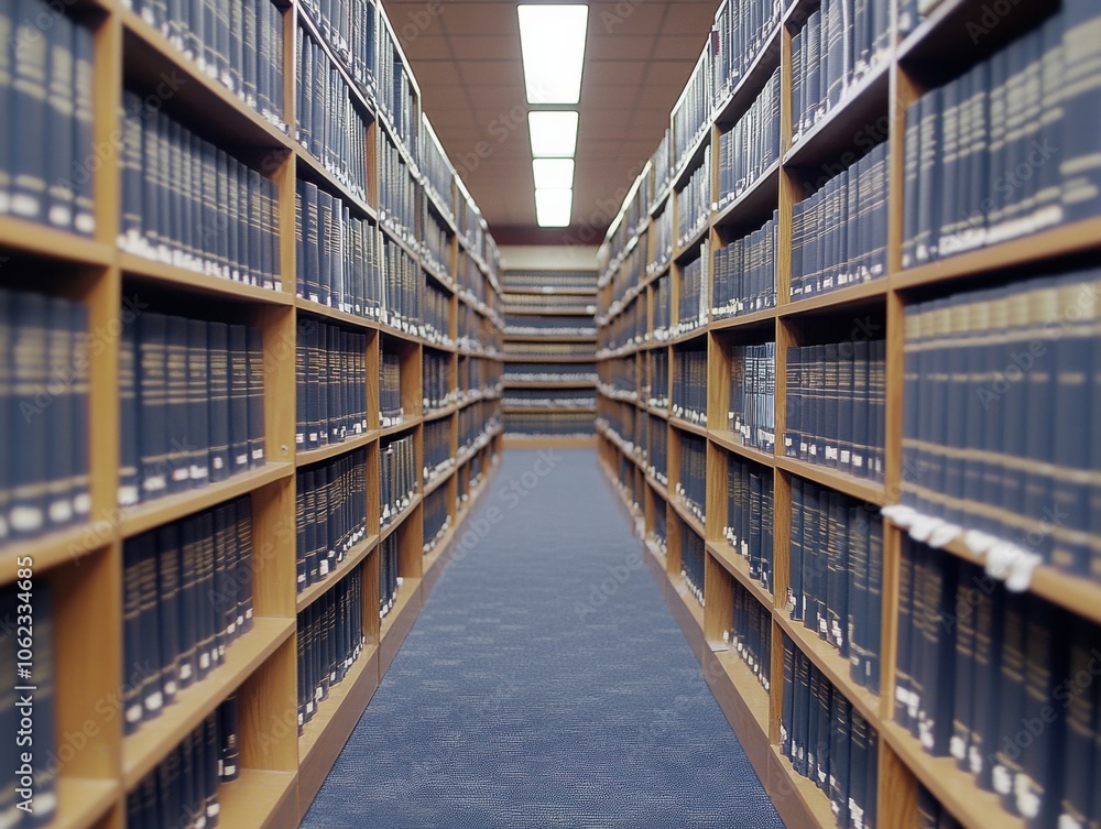 A law library featuring rows of shelves filled with books and legal references. The perspective shows an aisle leading toward the center of the library. A law library featuring rows of shelves filled with books and legal references. The perspective shows an aisle leading toward the center of the library.