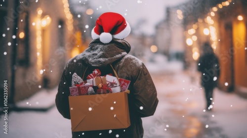 A person in a winter coat delivers holiday gifts on a snowy street during Christmas time at dusk