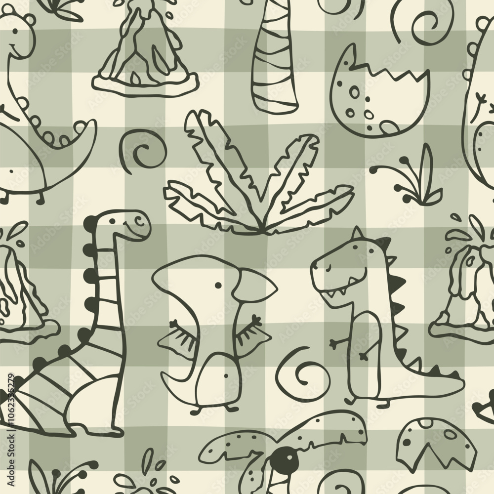 Fototapeta premium Gingham Dino vector seamless pattern with hand drawn dinosaurs and tropical plants and palm trees. Contours on a green khaki background. Ideal for baby textiles, clothing and decor.
