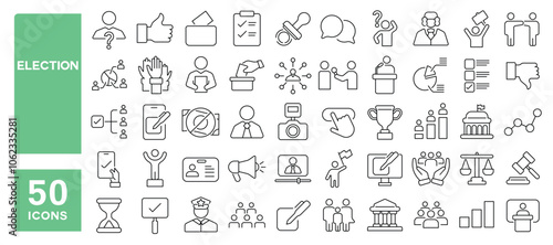Set of 50 line icons related to election, ballot, box, poll, debates, news, survey, voter, Editable stroke. Vector illustration