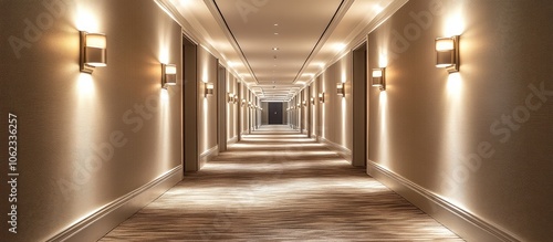 Long, empty hotel hallway with warm light and carpeted floor.