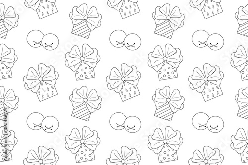 Festive seamless pattern of Christmas gift boxes and jingle bells in black and white. Perfect for holiday coloring pages and crafts.