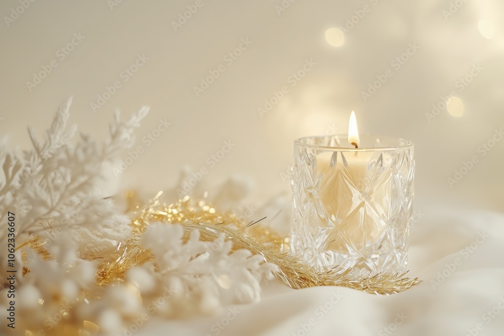 Holiday background with golden tinsel and candleholder Holiday background with golden tinsel and candleholder