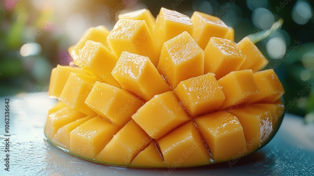 Perfectly sliced mango cubes in sunlight reflecting freshness and juiciness Perfectly sliced mango cubes in sunlight reflecting freshness and juiciness