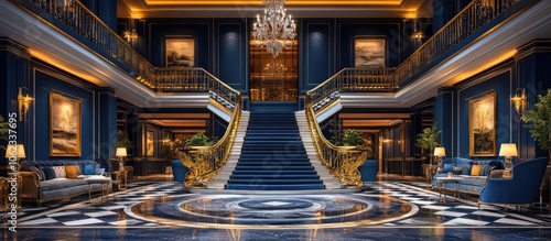 Grand and luxurious foyer with blue walls, a gold and blue staircase and a grand chandelier.