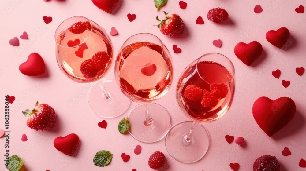 Three glasses of rose wine with raspberries and strawberries surrounded by heart-shaped decorations on pink background Three glasses of rose wine with raspberries and strawberries surrounded by heart-shaped decorations on pink background
