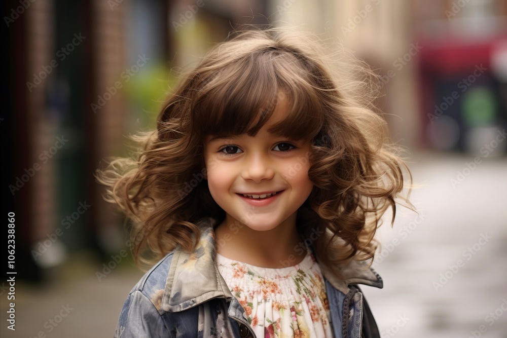 Portrait of a beautiful little girl with curly hair in the city Portrait of a beautiful little girl with curly hair in the city
