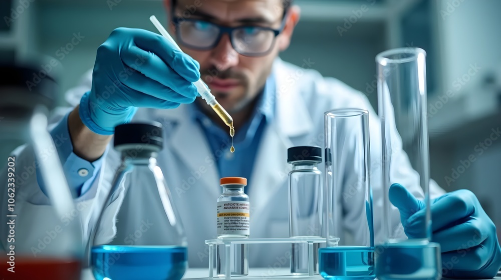 Group of dedicated scientist conduct chemical experiment in medical laboratory, carefully drop precise amount of liquid from pipette into test tube for vaccine drug or antibiotic development. Group of dedicated scientist conduct chemical experiment in medical laboratory, carefully drop precise amount of liquid from pipette into test tube for vaccine drug or antibiotic development.