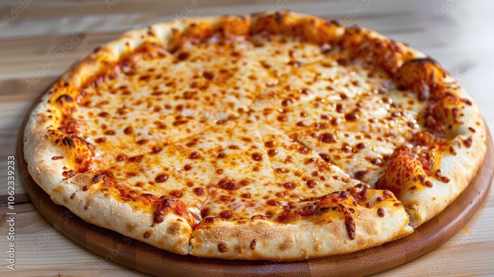 Four-cheese pizza displayed on wooden surface on gray tabletop Four-cheese pizza displayed on wooden surface on gray tabletop