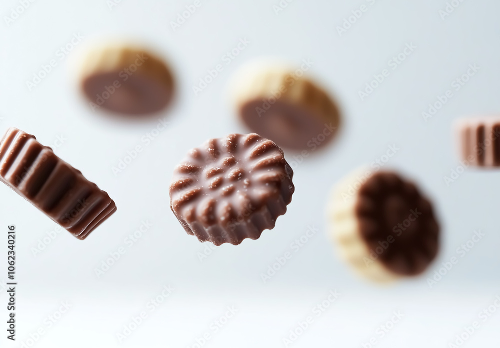 Sweet chocolate candy floating in the air against a white background Sweet chocolate candy floating in the air against a white background