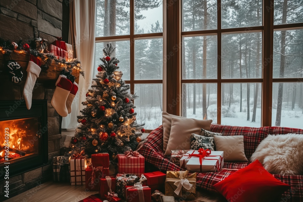 Obraz premium Cozy Christmas cabin scene with tree and snow-covered view