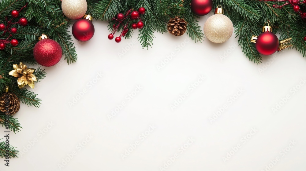 Christmas background with decorations along the edges. Christmas tree branches, gold glitter balls, stars, and garland. Flat lay, top view on a dark background with copy space. Christmas background with decorations along the edges. Christmas tree branches, gold glitter balls, stars, and garland. Flat lay, top view on a dark background with copy space.
