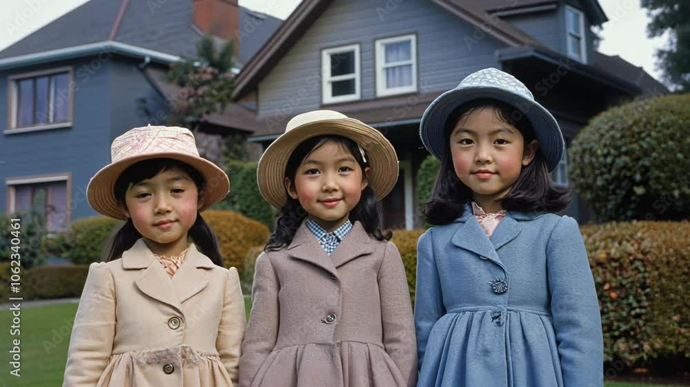 Three young girls wearing hats and coats stand in front of a house Three young girls wearing hats and coats stand in front of a house
