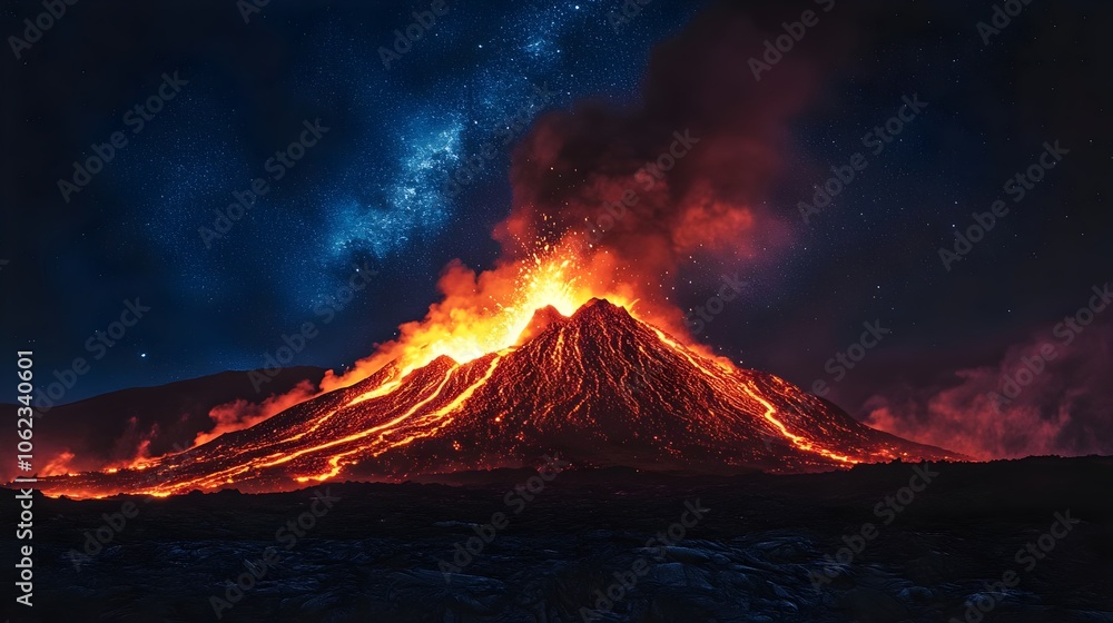 Dramatic Volcanic Eruption in Hawaii Under Starry Sky (Landscape Photography) Dramatic Volcanic Eruption in Hawaii Under Starry Sky (Landscape Photography)