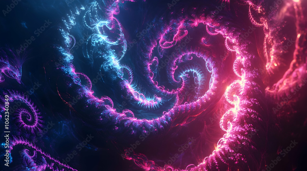 A neon fractal spiral in pink and blue gradients, creating a vibrant and futuristic cosmic effect. A neon fractal spiral in pink and blue gradients, creating a vibrant and futuristic cosmic effect.