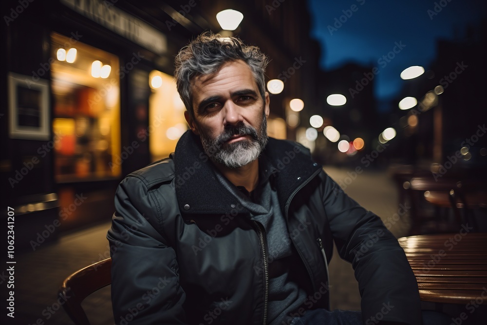 Portrait of a bearded man sitting in a street cafe at night Portrait of a bearded man sitting in a street cafe at night