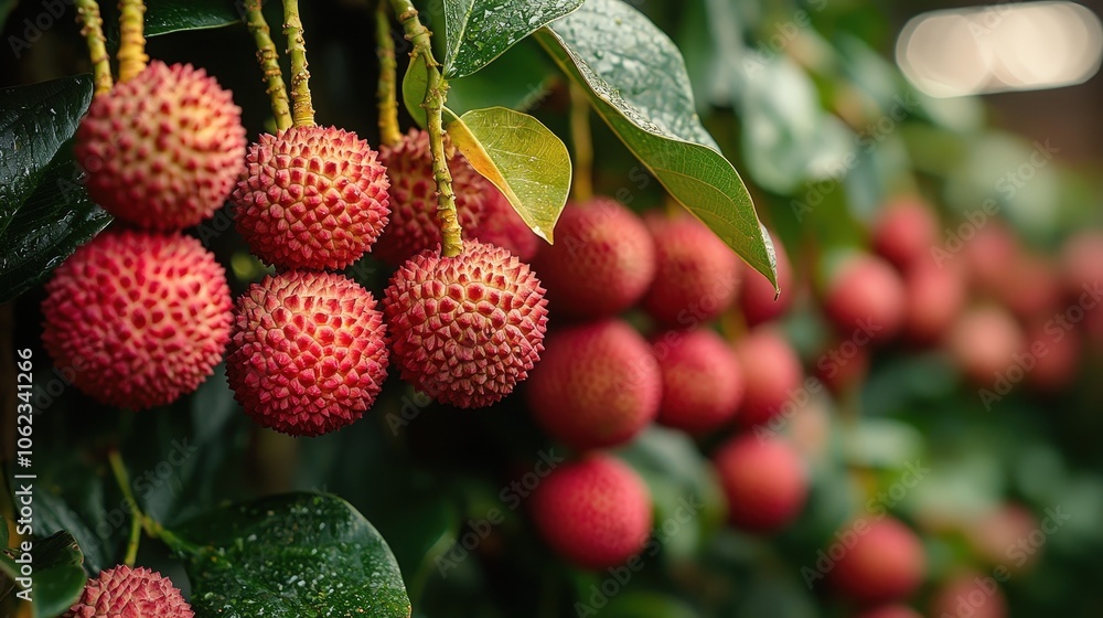 Fresh lychee fruit on tree with lush green leaves in tropical orchard Fresh lychee fruit on tree with lush green leaves in tropical orchard