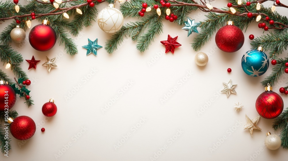 Christmas background with decorations along the edges. Christmas tree branches, gold glitter balls, stars, and garland. Flat lay, top view on a dark background with copy space. Christmas background with decorations along the edges. Christmas tree branches, gold glitter balls, stars, and garland. Flat lay, top view on a dark background with copy space.