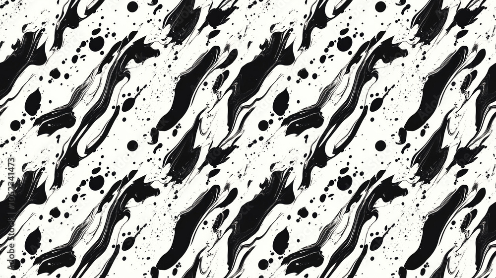 Seamless abstract ink marbled pattern with black paint strokes on white background for wallpaper and game design Seamless abstract ink marbled pattern with black paint strokes on white background for wallpaper and game design