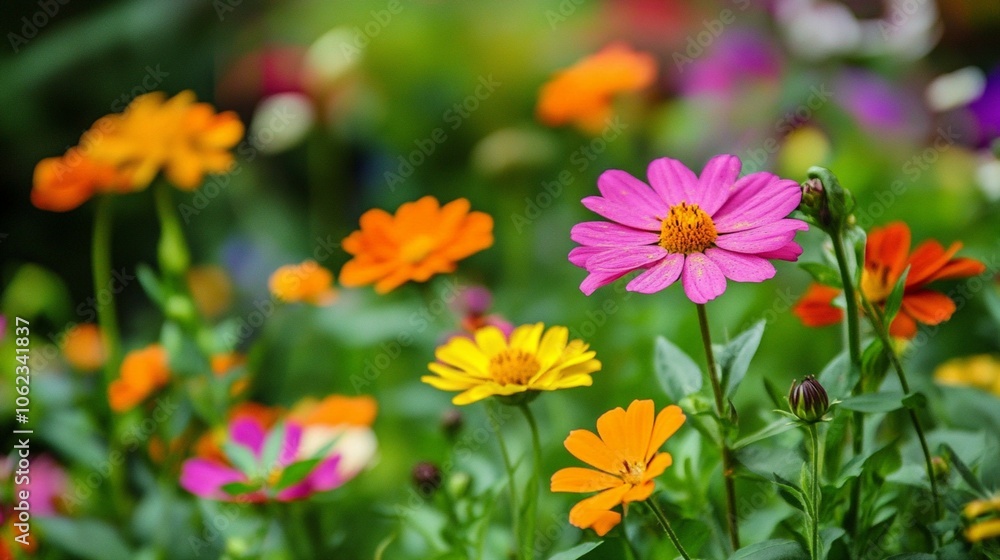 A lively array of flowers in bright colors contrasts with the greenery of the field. A lively array of flowers in bright colors contrasts with the greenery of the field.