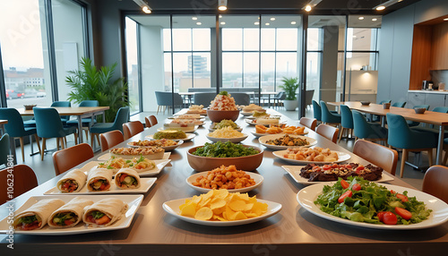 Team Lunch Buffet with Various Dishes in Modern Office