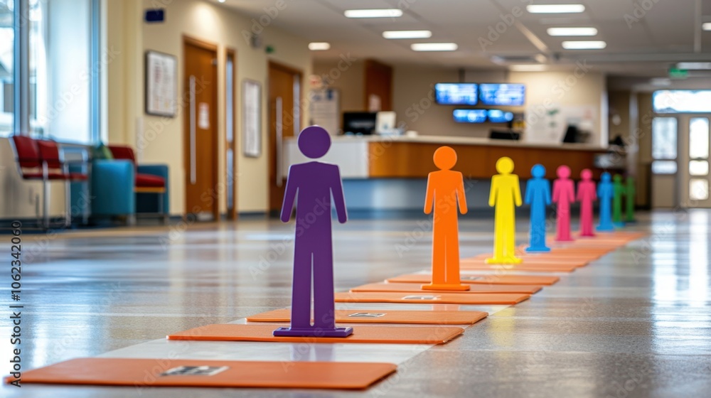 Obraz premium Vibrant Social Distancing Markers Leading to Hospital Reception: Clear, Colorful Guidance for Maintaining Safe Distance