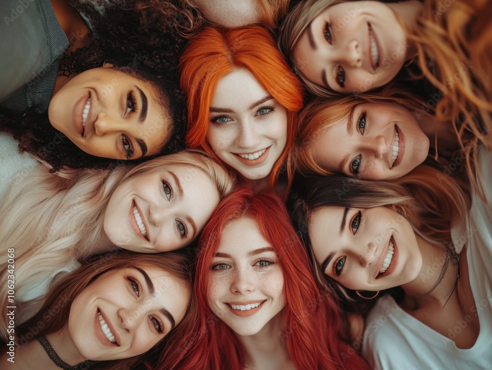 Obraz premium A joyful portrait of a diverse group of women lying in a circle, smiling brightly. The image radiates positivity and camaraderie.