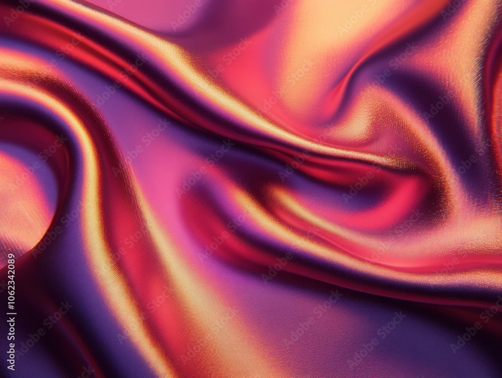 A vibrant holographic iridescent satin foil texture with flowing waves in rich pink, purple, and gold hues, creating a luxurious and dynamic visual effect. A vibrant holographic iridescent satin foil texture with flowing waves in rich pink, purple, and gold hues, creating a luxurious and dynamic visual effect.