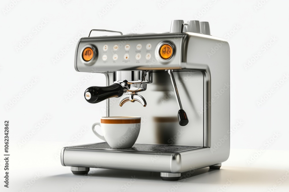 A modern espresso machine sits on a clean countertop. The sleek design and bright buttons offer a chic look. This kitchen appliance makes perfect coffee. Generative AI A modern espresso machine sits on a clean countertop. The sleek design and bright buttons offer a chic look. This kitchen appliance makes perfect coffee. Generative AI