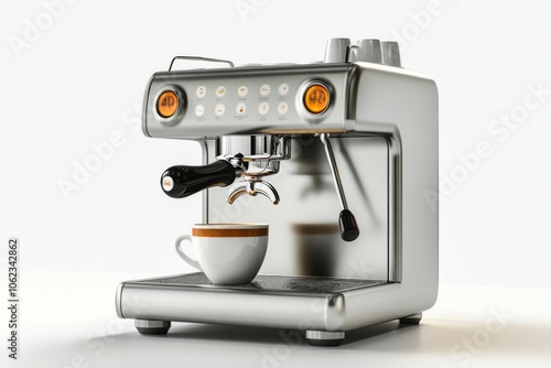 A modern espresso machine sits on a clean countertop. The sleek design and bright buttons offer a chic look. This kitchen appliance makes perfect coffee. Generative AI