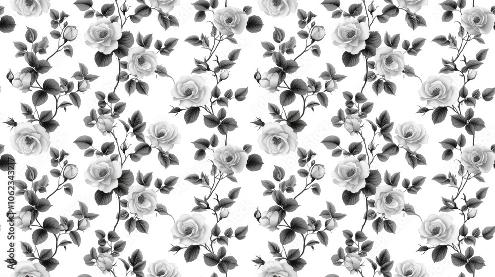 Seamless pattern of delicate rose flowers on a crisp white background ideal for elegant design projects fabric or wallpaper Seamless pattern of delicate rose flowers on a crisp white background ideal for elegant design projects fabric or wallpaper
