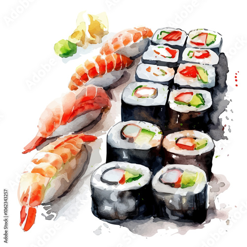 A watercolor vector of Sushi, isolated on a white background.