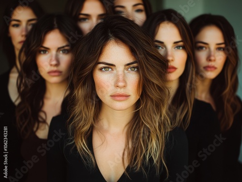 A group of women with natural beauty and confident expressions, standing closely together. The composition highlights diversity and individual features.