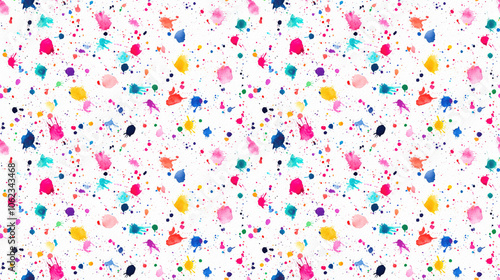 Seamless pattern of colorful abstract paint splashes on textured white watercolor paper perfect for artistic designs and backgrounds