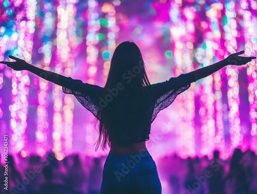 A silhouetted concertgoer with arms raised stands before vibrant, colorful stage lights, capturing the energy and excitement of a live music event. photo