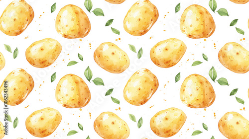 Watercolor illustration of hand drawn potatoes in a seamless pattern ideal for design projects menus and product packaging