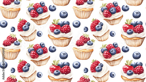 Watercolor seamless pattern featuring delicious cupcakes topped with fresh berries on a clean white backdrop perfect for home decor or craft projects