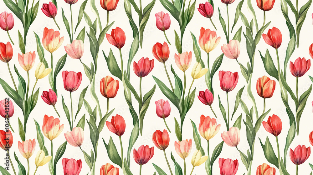 Obraz premium Seamless watercolor pattern of vibrant tulips and lush leaves on a soft cream background perfect for spring themed designs