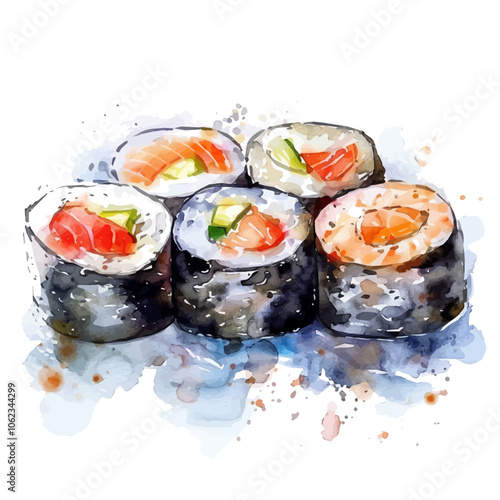 A watercolor vector of Sushi, isolated on a white background.