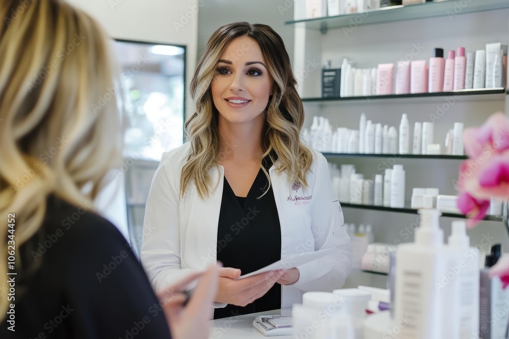 Smiling woman in a white coat consulting a client in a skincare or beauty clinic. Smiling woman in a white coat consulting a client in a skincare or beauty clinic.