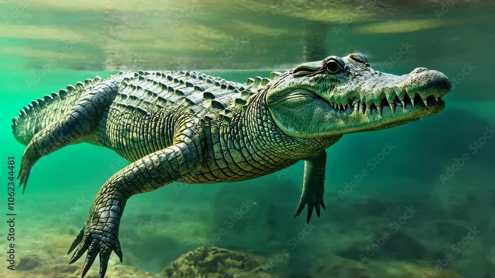 A crocodile swims through the clear water, its scales glistening in the sunlight A crocodile swims through the clear water, its scales glistening in the sunlight