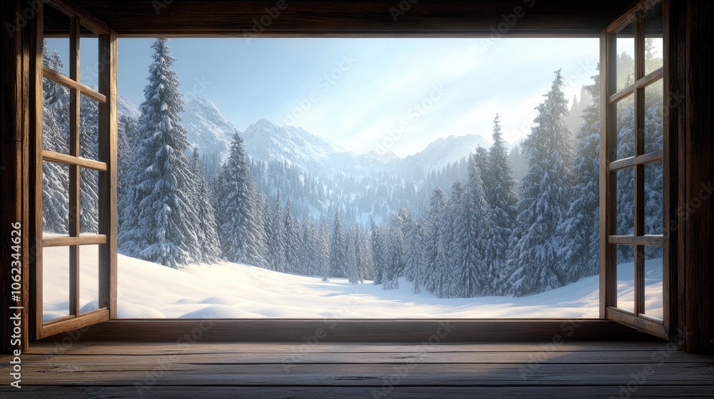 An open window reveals a winter forest with sunlit snow-covered trees, set within a rustic interior decorated with old wooden furniture An open window reveals a winter forest with sunlit snow-covered trees, set within a rustic interior decorated with old wooden furniture