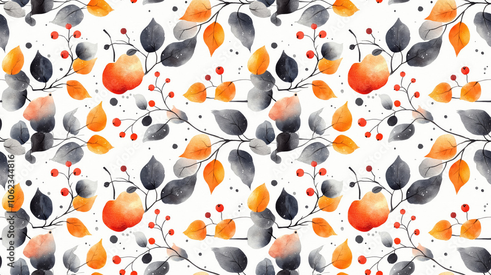 Watercolor seamless pattern showcasing autumn leaves berries and branches with raindrops perfect for fabric design and home decor Watercolor seamless pattern showcasing autumn leaves berries and branches with raindrops perfect for fabric design and home decor
