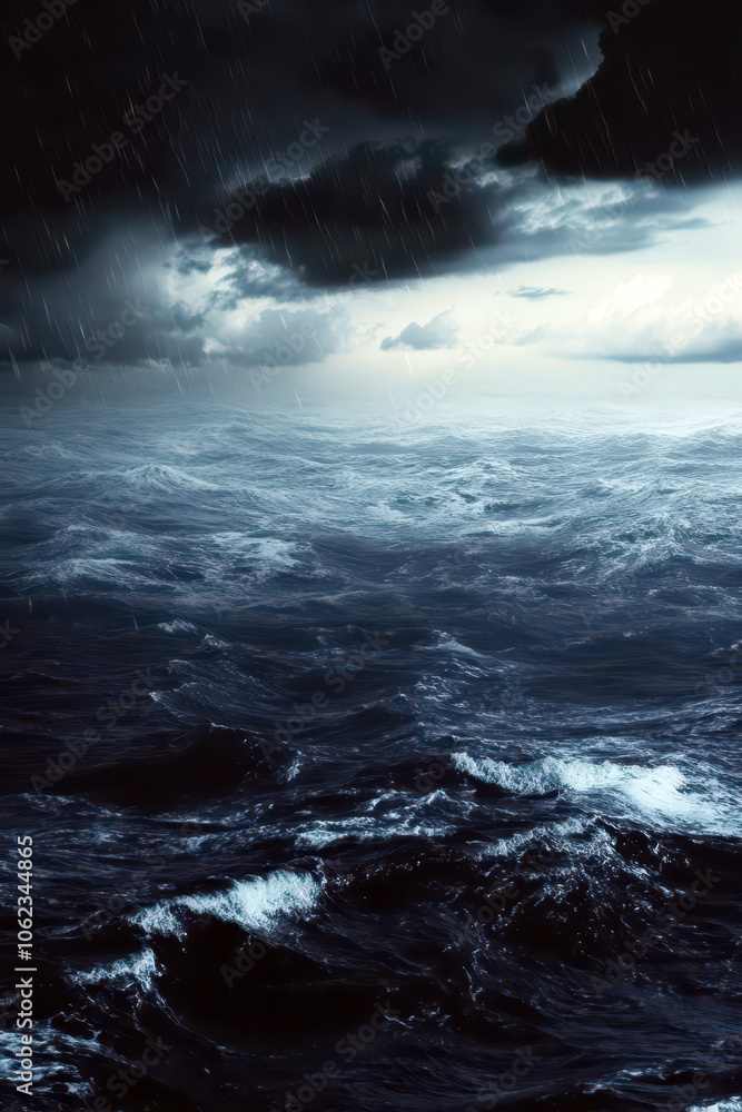 Obraz premium Dramatic ocean storm scene capturing powerful waves and dark skies for world meteorological day. Vertical banner. Copy space. Climate change concept. Global warming problem
