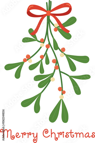 Vector illustration of mistletoe with red bow. Cute Christmas and New Year symbol for card 