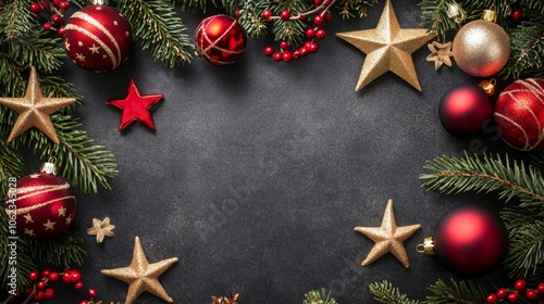 Christmas background with decorations along the edges. Christmas tree branches, gold glitter balls, stars, and garland. Flat lay, top view on a dark background with copy space.