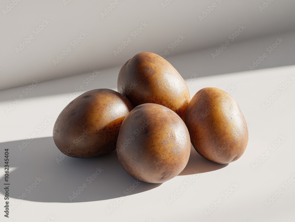 Four brown potatoes on a light surface with a shadow, presented in a cinematic style with natural lighting. Four brown potatoes on a light surface with a shadow, presented in a cinematic style with natural lighting.