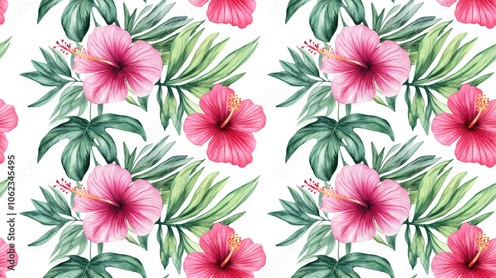 Watercolor seamless pattern featuring tropical leaves and flowers palm monstera and hibiscus perfect for fabric design and home decor Watercolor seamless pattern featuring tropical leaves and flowers palm monstera and hibiscus perfect for fabric design and home decor