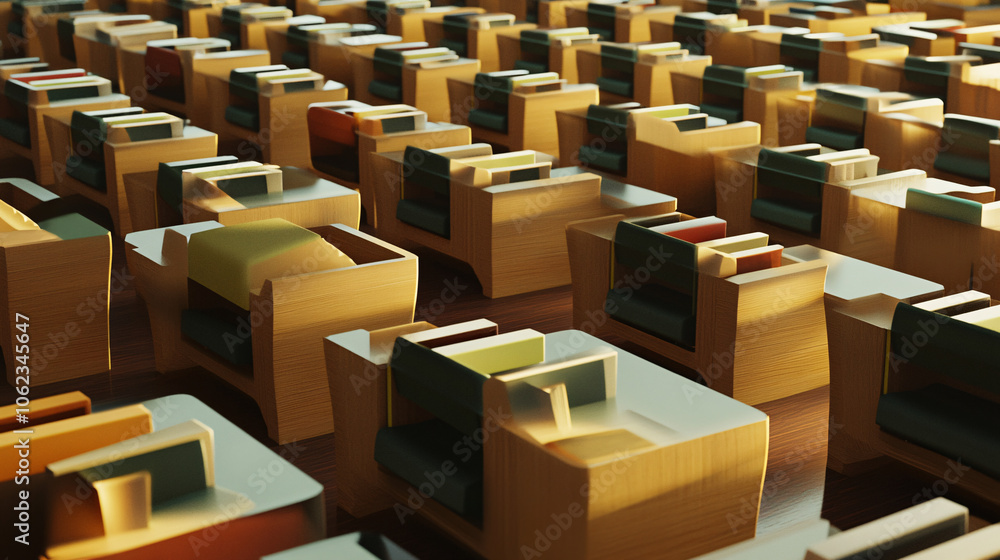 Rows of Floating Desks Lined Up Like Dominoes, Each Holding a Participant in a Large Conference Room Rows of Floating Desks Lined Up Like Dominoes, Each Holding a Participant in a Large Conference Room