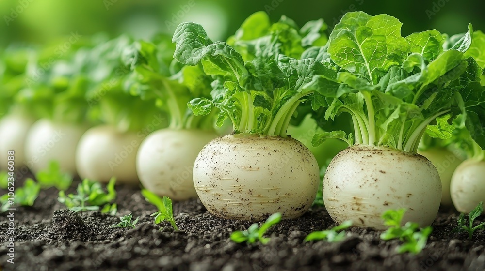 Fresh turnips growing in rich soil with vibrant green leaves in a garden scene Fresh turnips growing in rich soil with vibrant green leaves in a garden scene